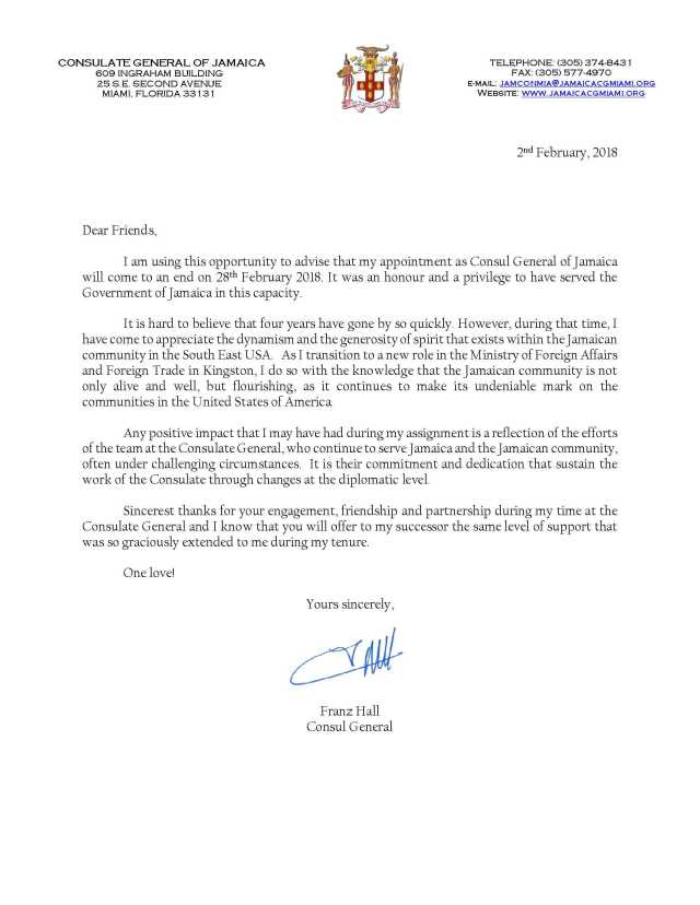 Consul General Franz Hall - Farewell Letter