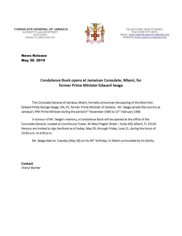 News Release - Condolence Book opens at Jamaica Consulate for former PM Seaga